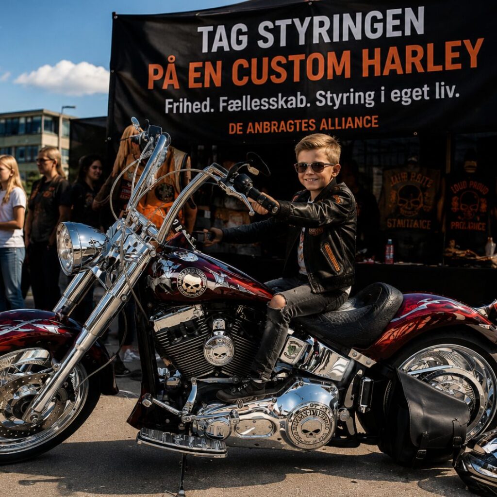Dreng i læderjakke sidder på en rød Custom Harley Davidson motorcykel på Folkemødet for De Anbragtes Alliance.
